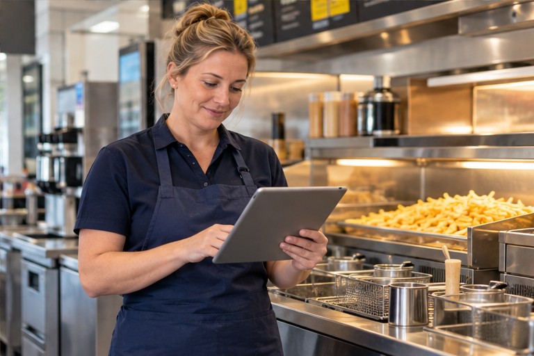 Medewerker met tablet in een cafetaria