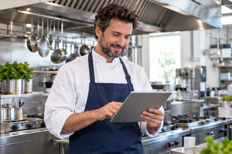 Chef-kok gebruikt een tablet in een professionele horecakeuken